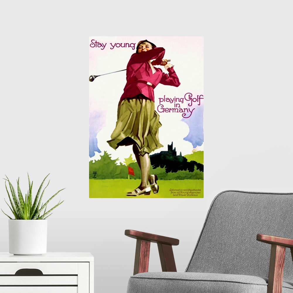 A modern room featuring Vintage Golf Poster, Germany
