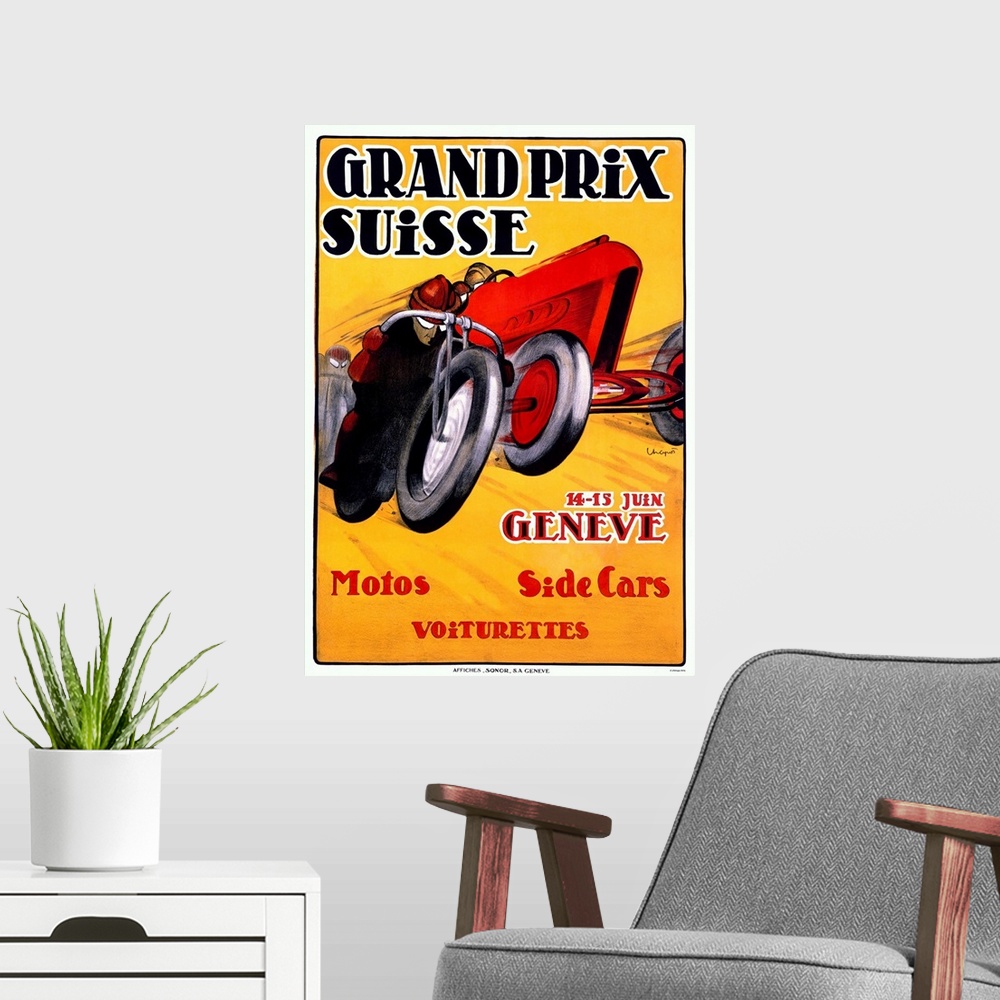 A modern room featuring Grand Prix Suisse, Geneve, Motos, Side Cars, Vintage Poster