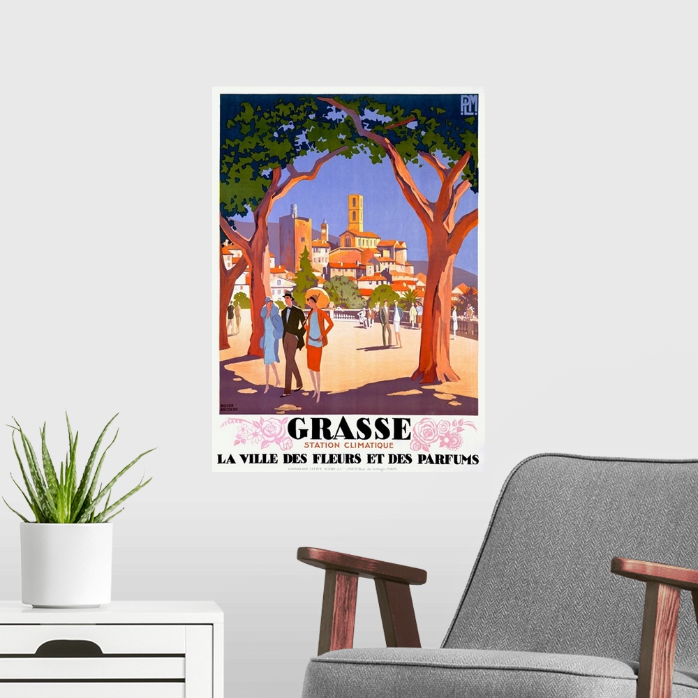 A modern room featuring Old print advertising vacation travel.  A colorful image of a city is seen from between two huge ...