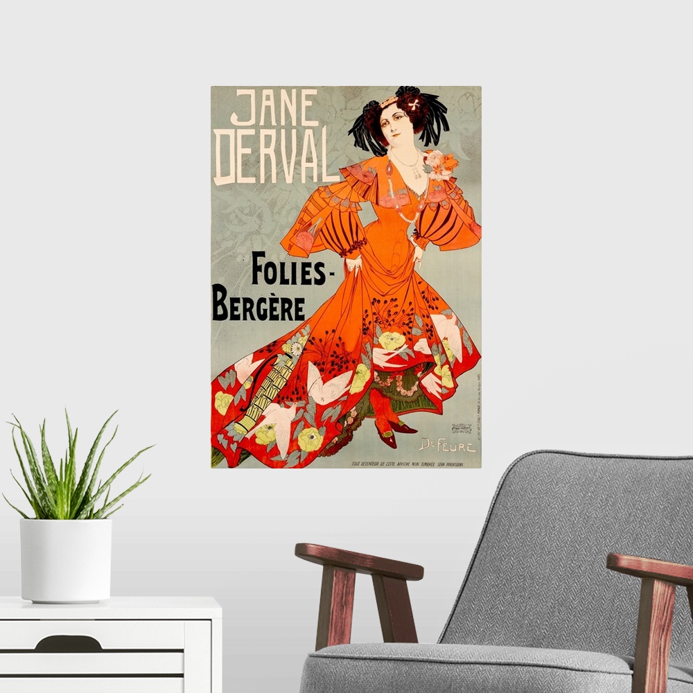 A modern room featuring Jane Derval, Folies Bergere, Vintage Poster, by Georges de Feure