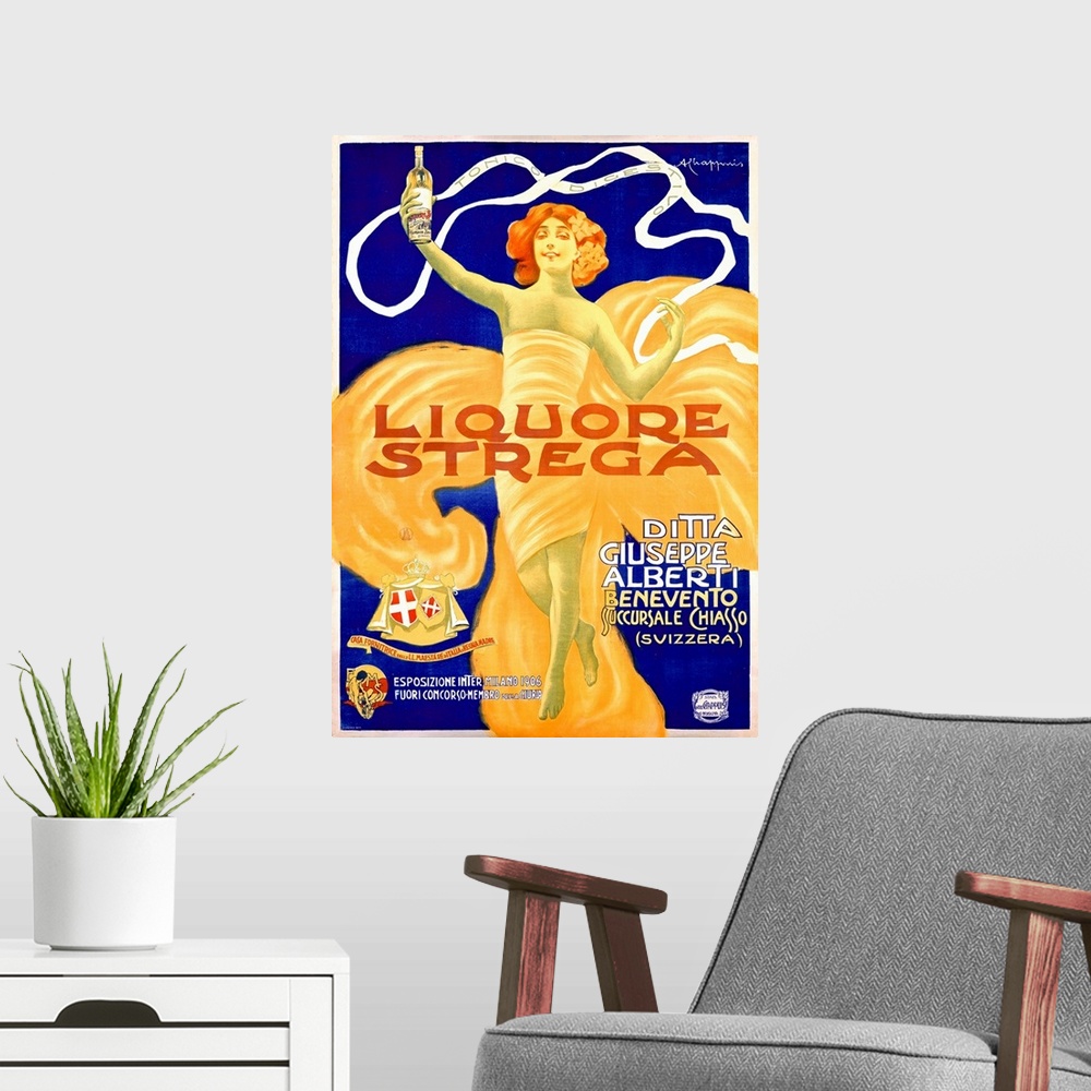 A modern room featuring Wall art of an antiqued advertisement with a woman in a long dress holding up a wine bottle with ...
