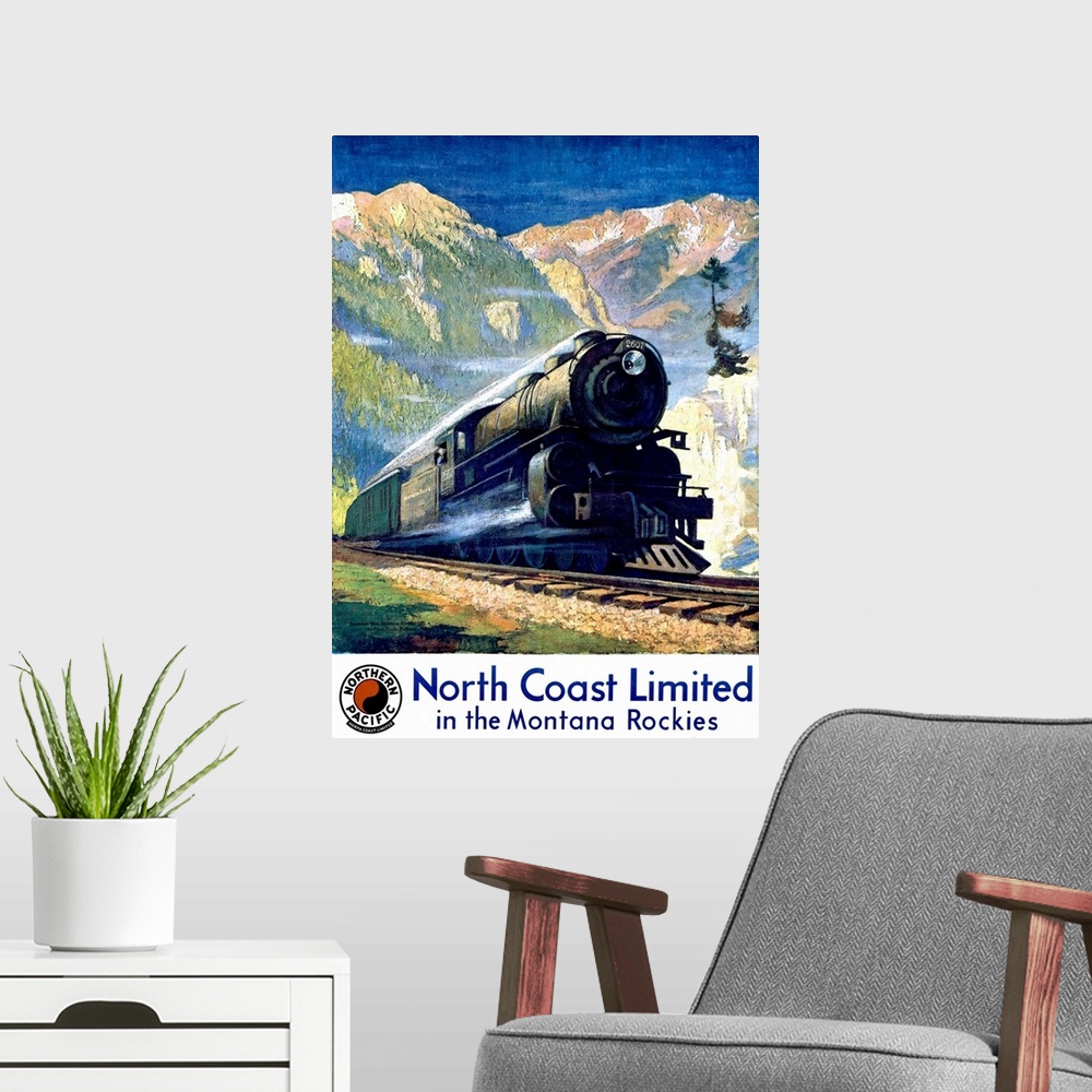 A modern room featuring Vertical, vintage, travel advertisement on a big canvas for Northern Pacific, of the North Coast ...