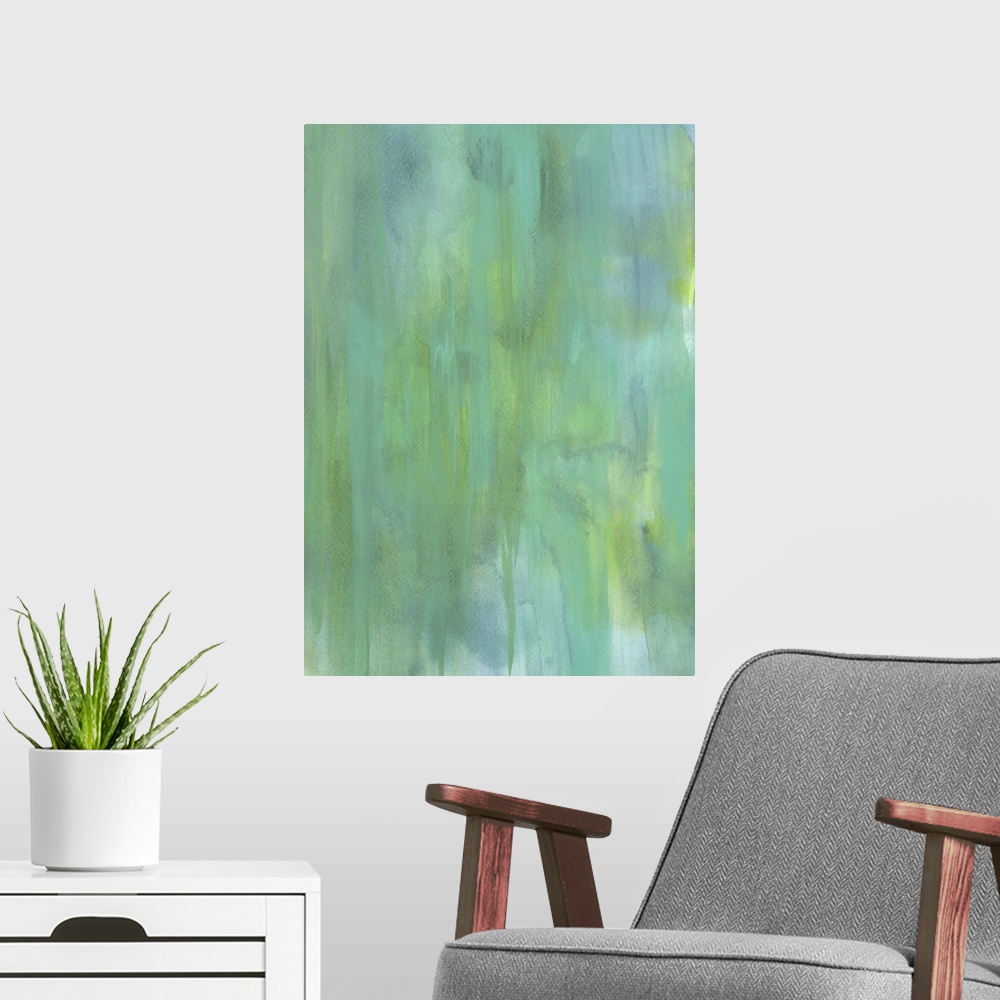 A modern room featuring Contemporary abstract painting using tone of green to create an empty space.