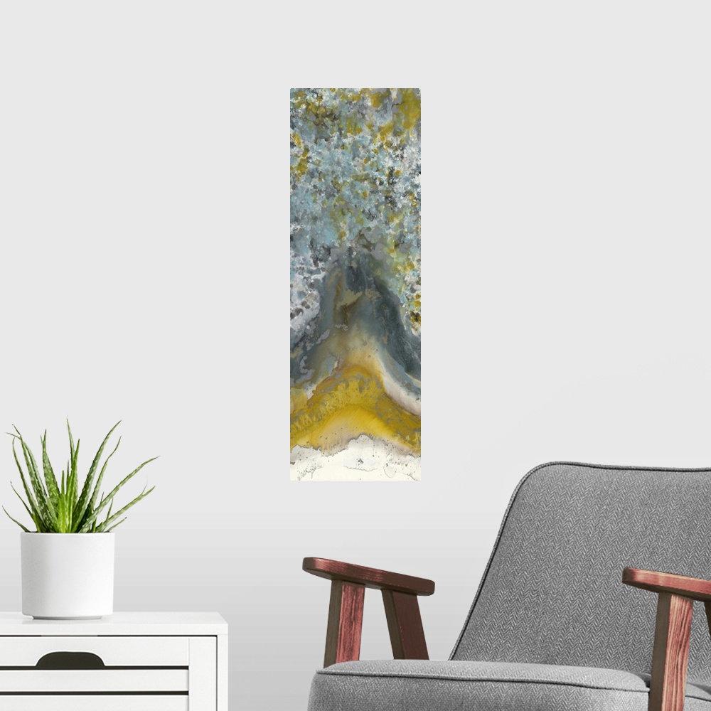 A modern room featuring Contemporary abstract painting using tones of brown and yellow mixed with pale turquoise to creat...