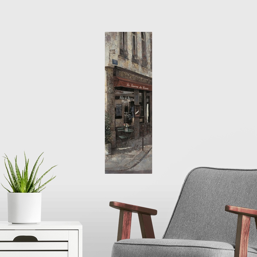 A modern room featuring Contemporary painting of a pub and bar storefront downtown in a city.