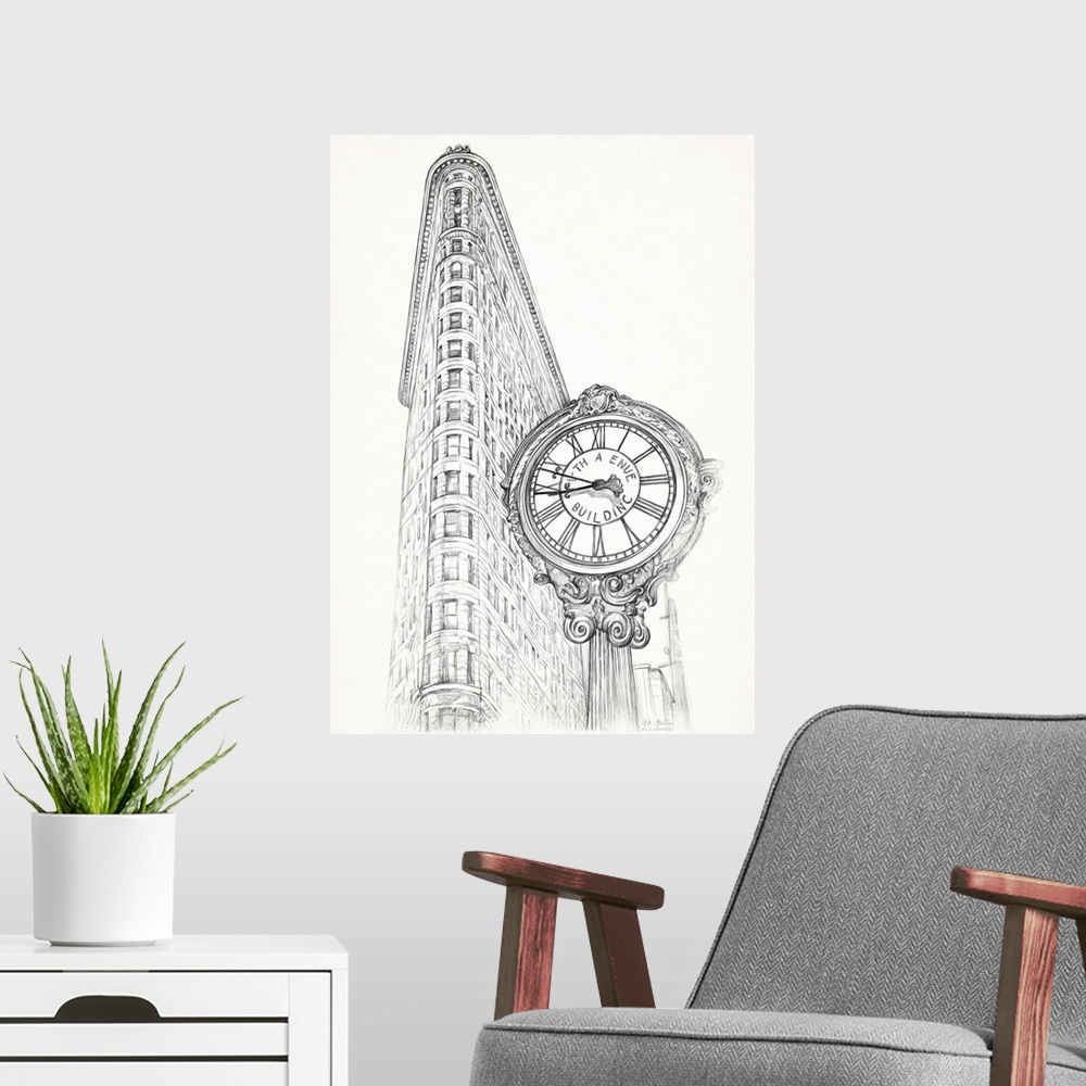 A modern room featuring Contemporary illustrative home decor artwork of the Flat Iron building standing tall in New York ...