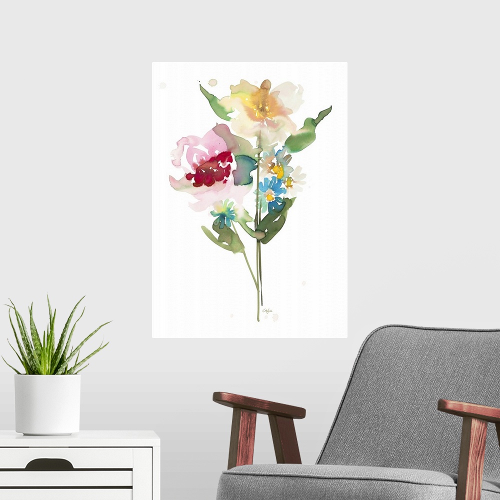 A modern room featuring Watercolor artwork of a small bouquet of flowers on white.