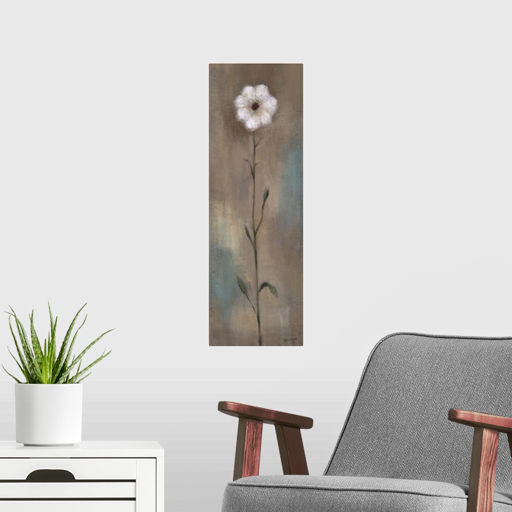 A modern room featuring Contemporary painting of a single white flower with a long stem against an earth toned background.