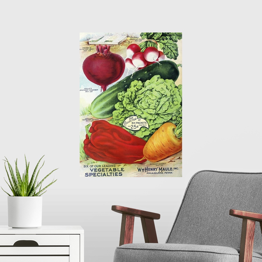 A modern room featuring Vintage poster advertisement for 1915 Maule Seed Veggies.