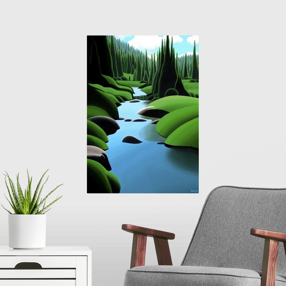 A modern room featuring A stream going through a grassy knolls with trees.