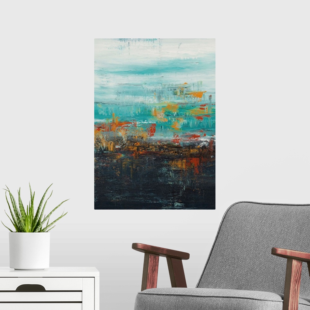A modern room featuring A contemporary abstract painting using turquoise and black with a distressed look.
