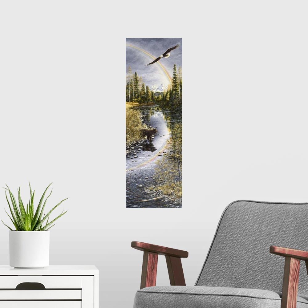 A modern room featuring a vertical image of a bear crossing a stream with an eagle flying above through a rainbow