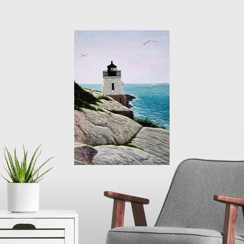 A modern room featuring Contemporary painting of the Castle Hill Lighthouse overlooking the ocean and seagulls in sky.