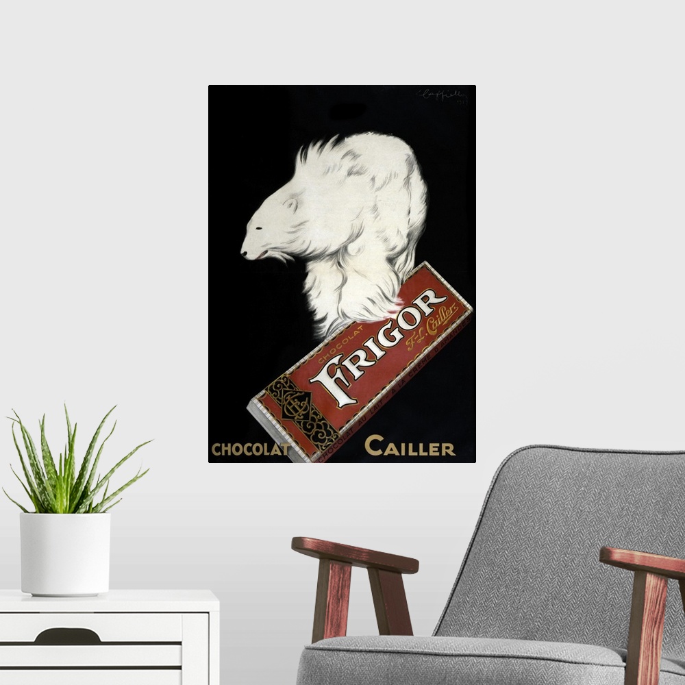 A modern room featuring Vintage advertisement artwork for Chocolat Cailler.