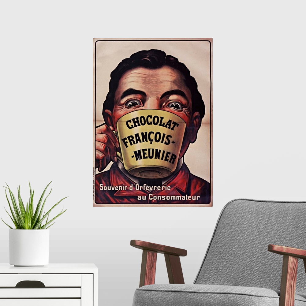 A modern room featuring Vintage poster advertisement for Chocolat Francois Meunier.