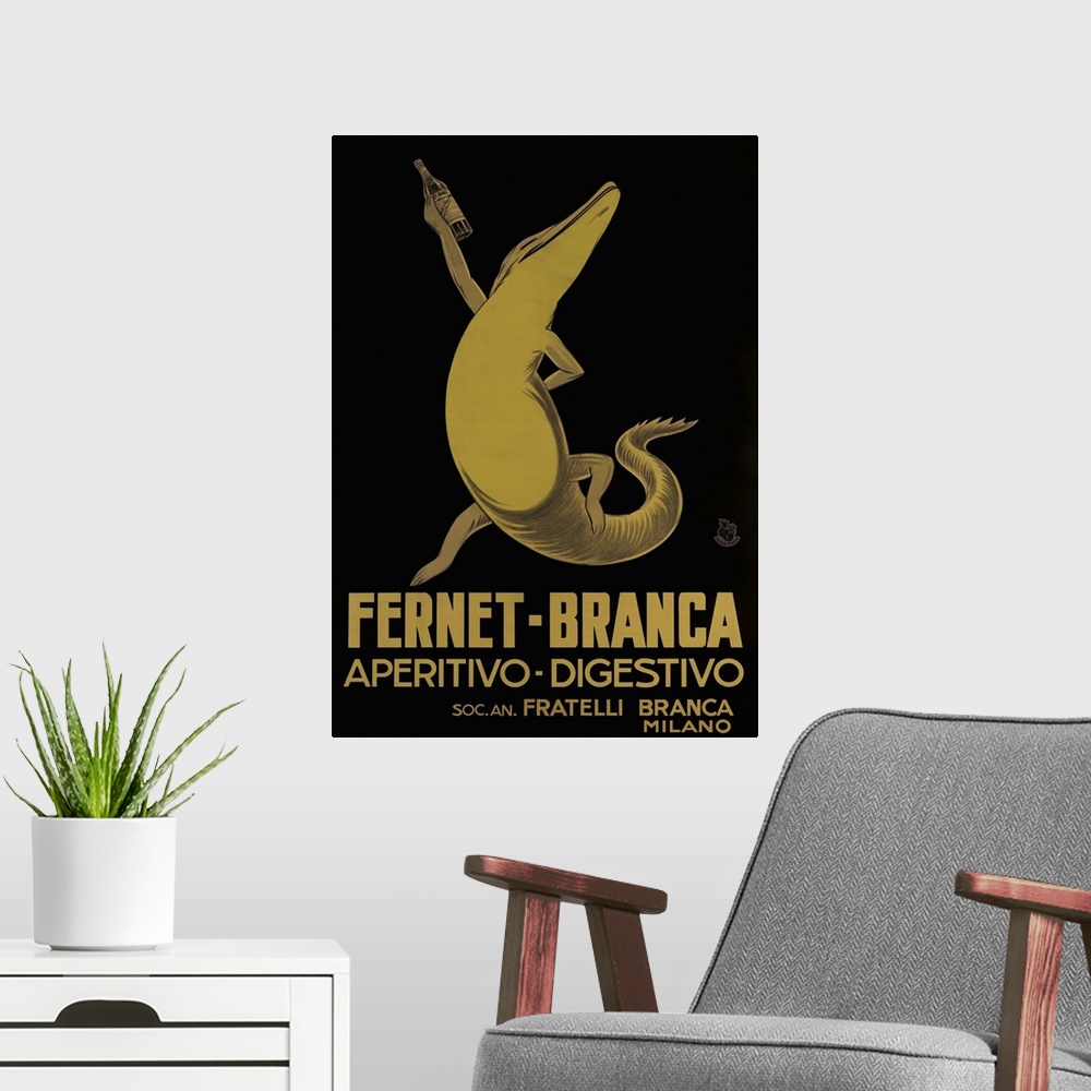 A modern room featuring Vintage advertisement artwork for Fernet Branca.