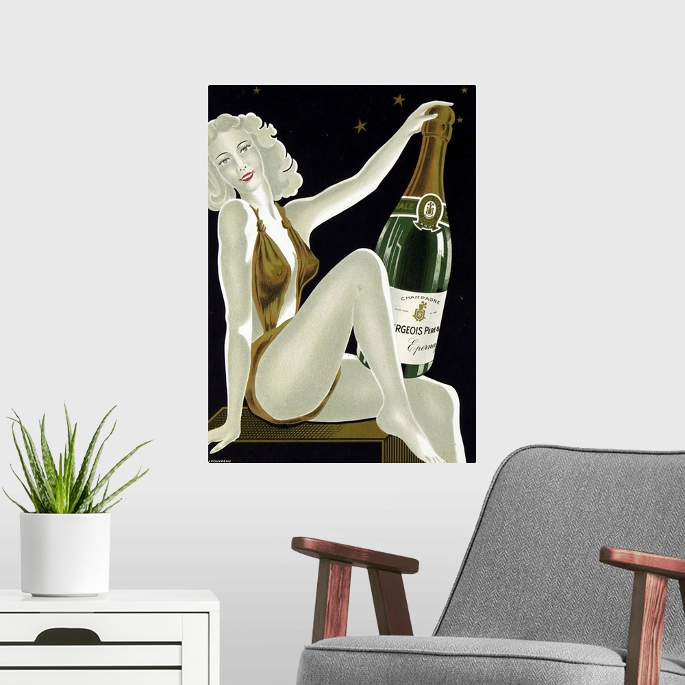 A modern room featuring Vintage poster advertisement for French Champagne.