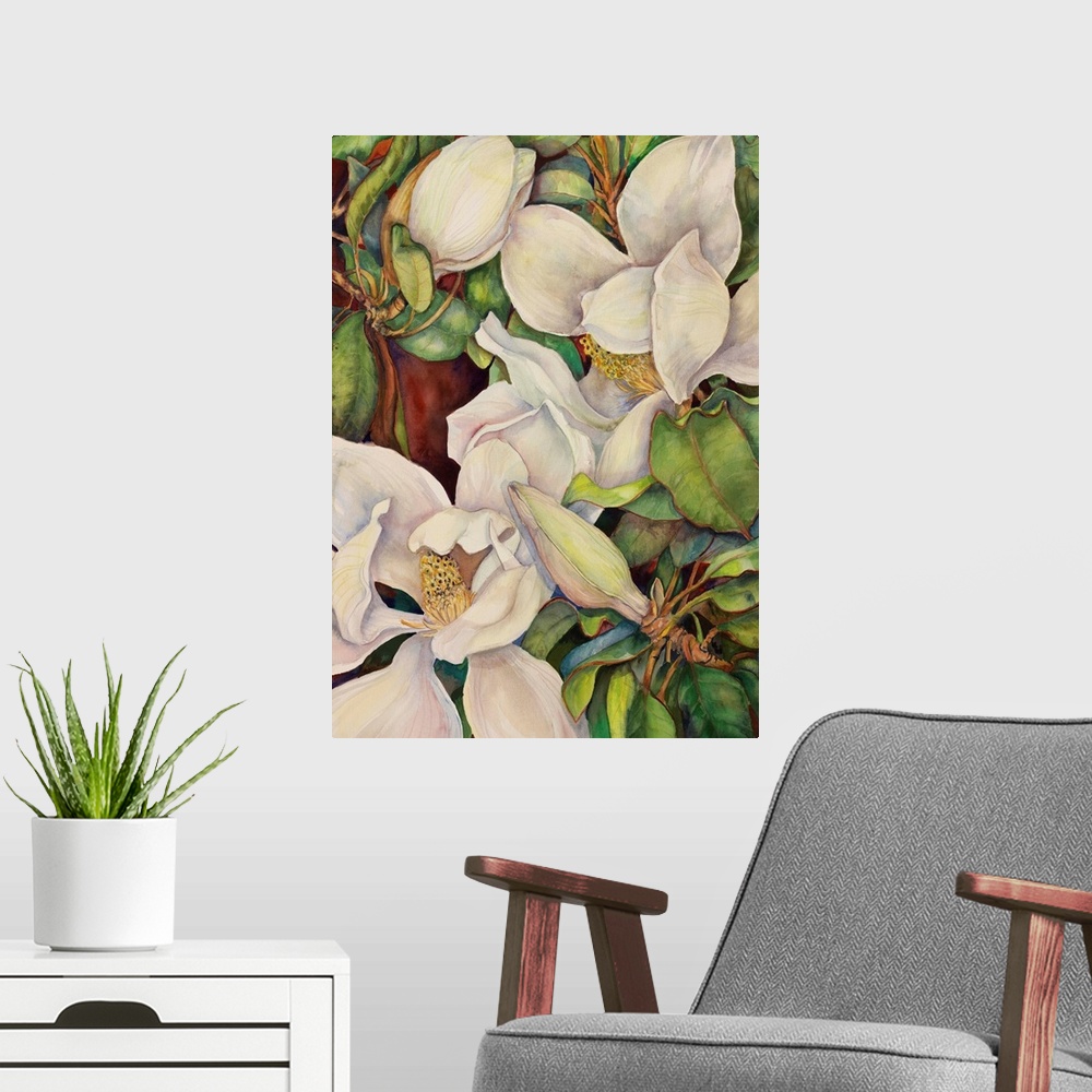 A modern room featuring Colorful contemporary painting of off white magnolias.