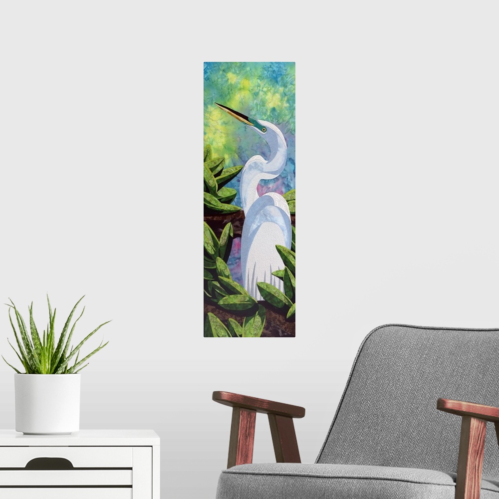 A modern room featuring Contemporary colorful fabric art of a great egret.