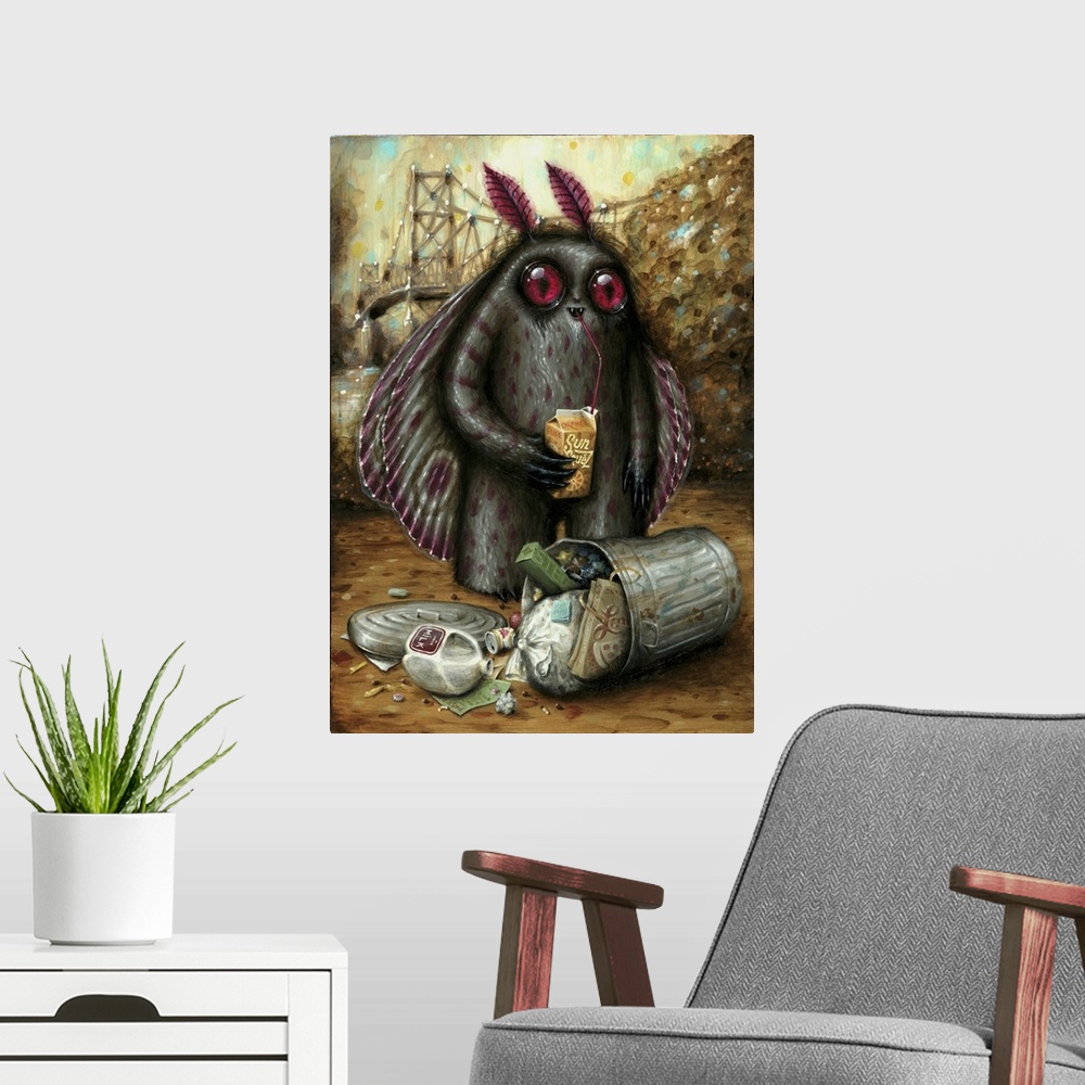 A modern room featuring Surrealist painting of a winged insect type monster sipping from a juice carton while standing ov...