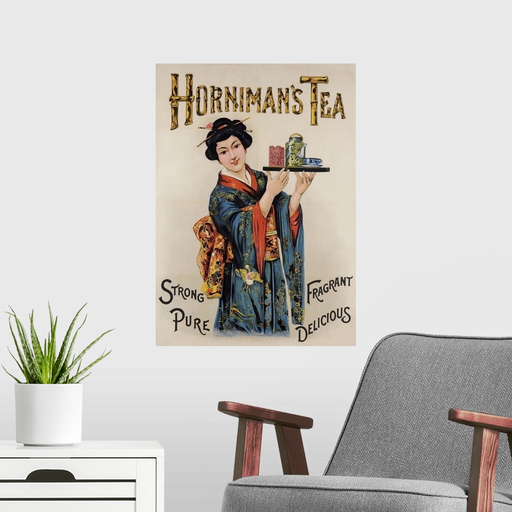 A modern room featuring Vintage poster advertisement for Horniman's Tea.