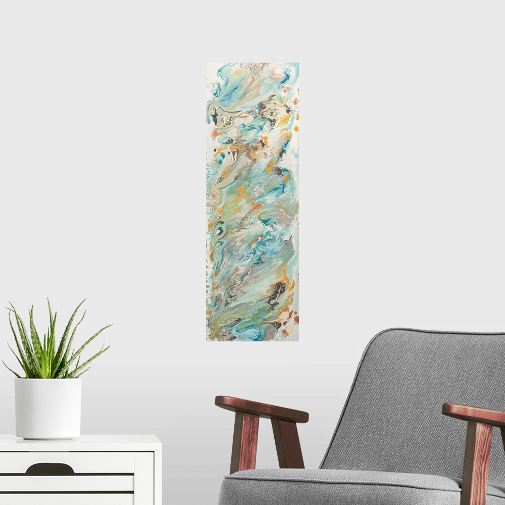 A modern room featuring A contemporary abstract painting using swirling movements of paint in muted tones.