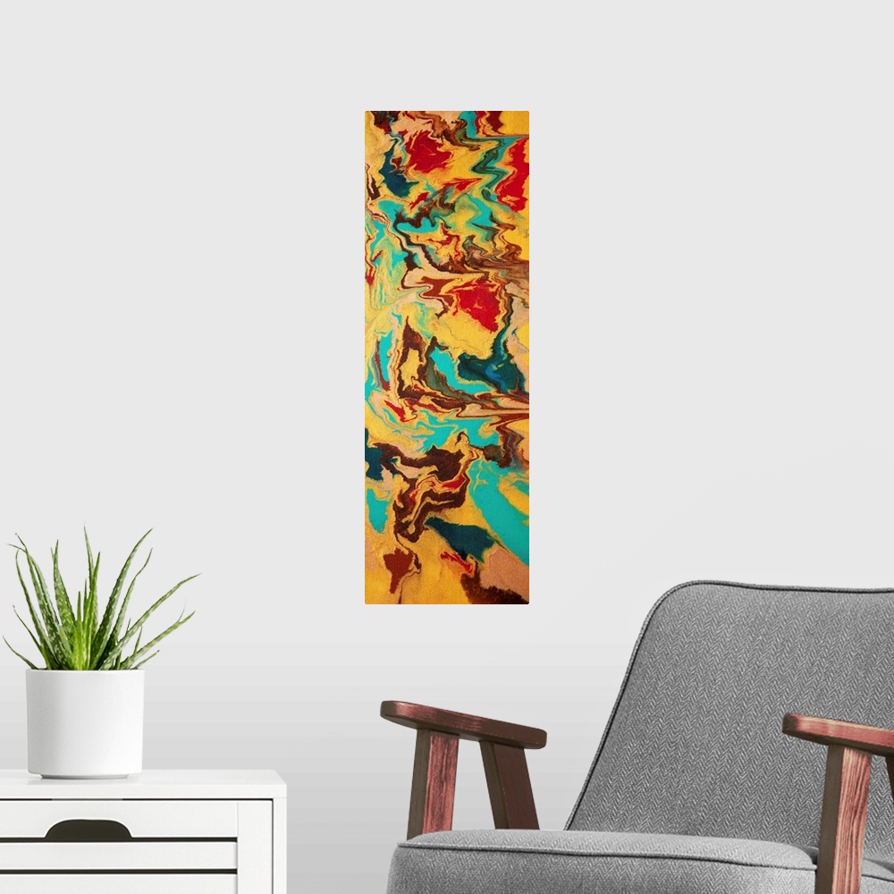 A modern room featuring Contemporary abstract painting in turquoise, brown, gold, and red.
