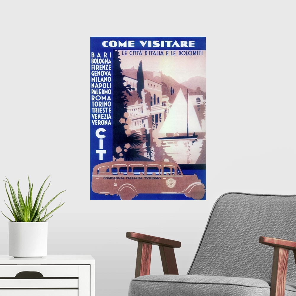 A modern room featuring Vintage poster advertisement for Italian Cities.