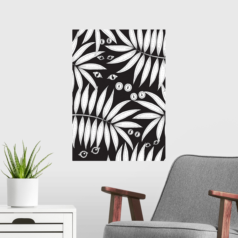 A modern room featuring Black and white line art of a night scene in the jungle with sets of animals eyes behind leaves a...