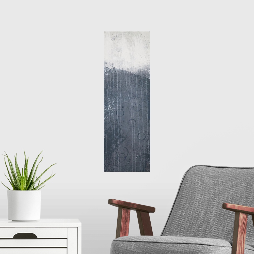 A modern room featuring Contemporary abstract painting in dark grey and white.