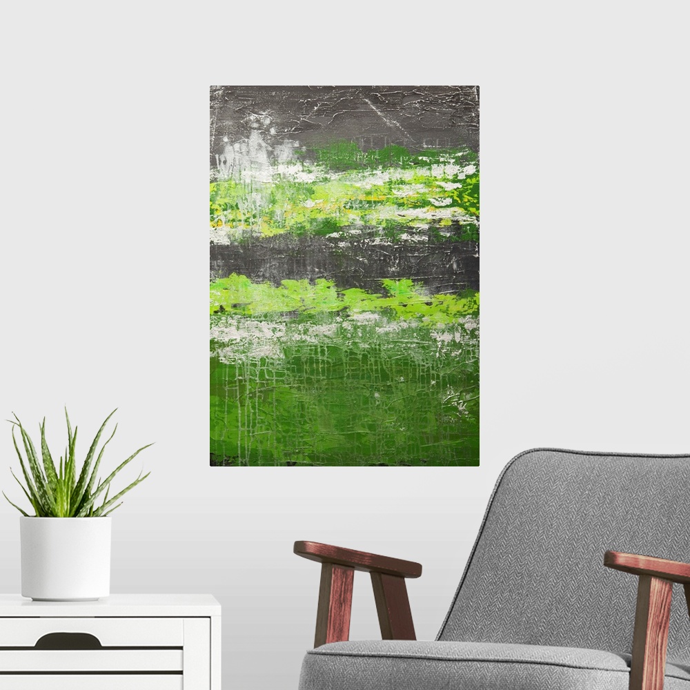 A modern room featuring Contemporary abstract painting in green and grey.