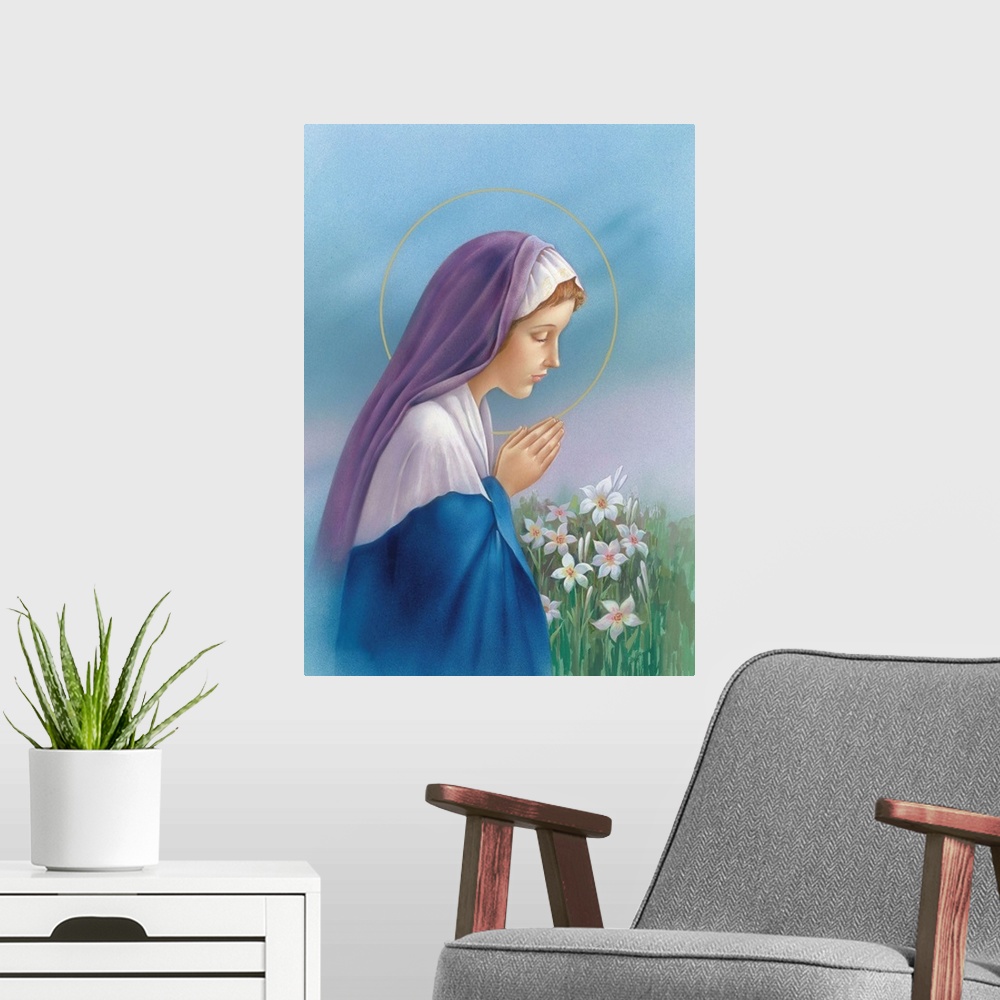 A modern room featuring Mary praying