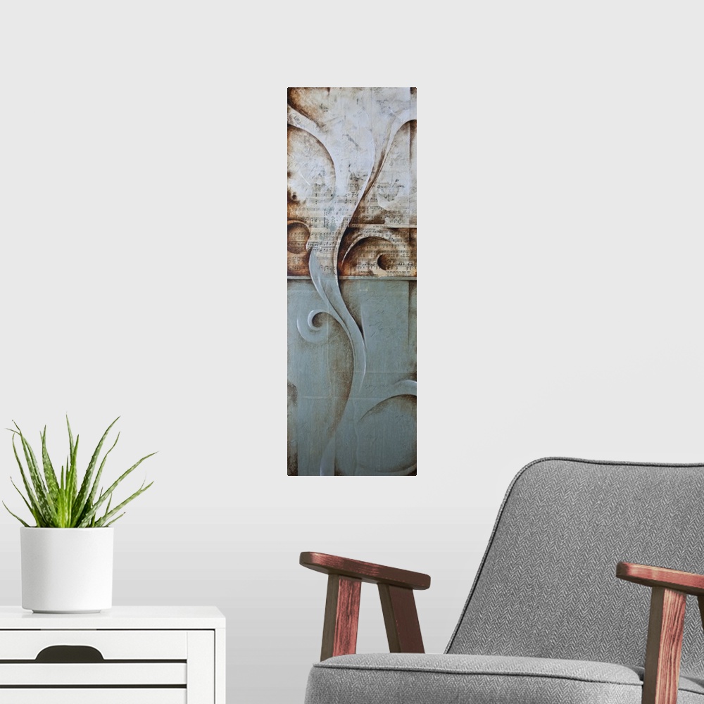 A modern room featuring Contemporary abstract painting in grey and blue with swirls.