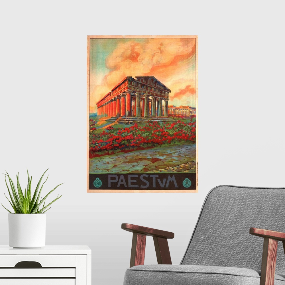A modern room featuring Paestum, Italy - Vintage Travel Advertisement