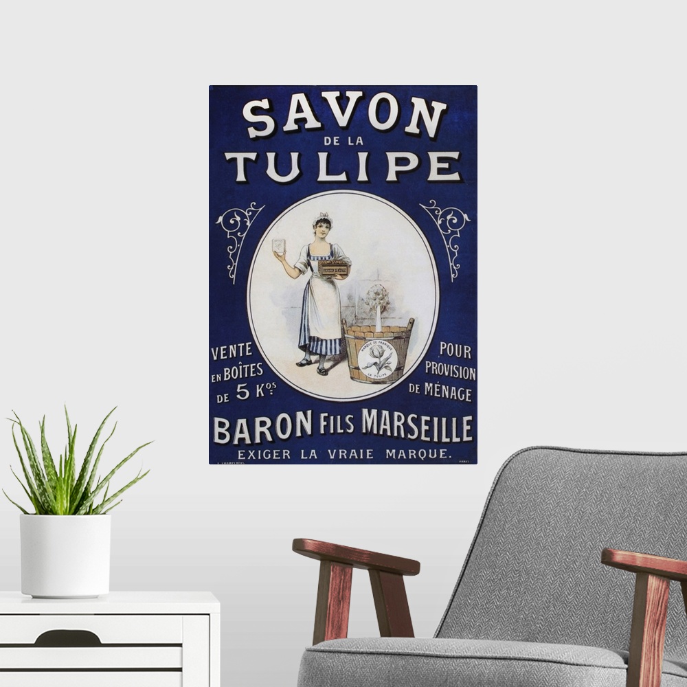 A modern room featuring Vintage poster advertisement for Savon Tulipe.