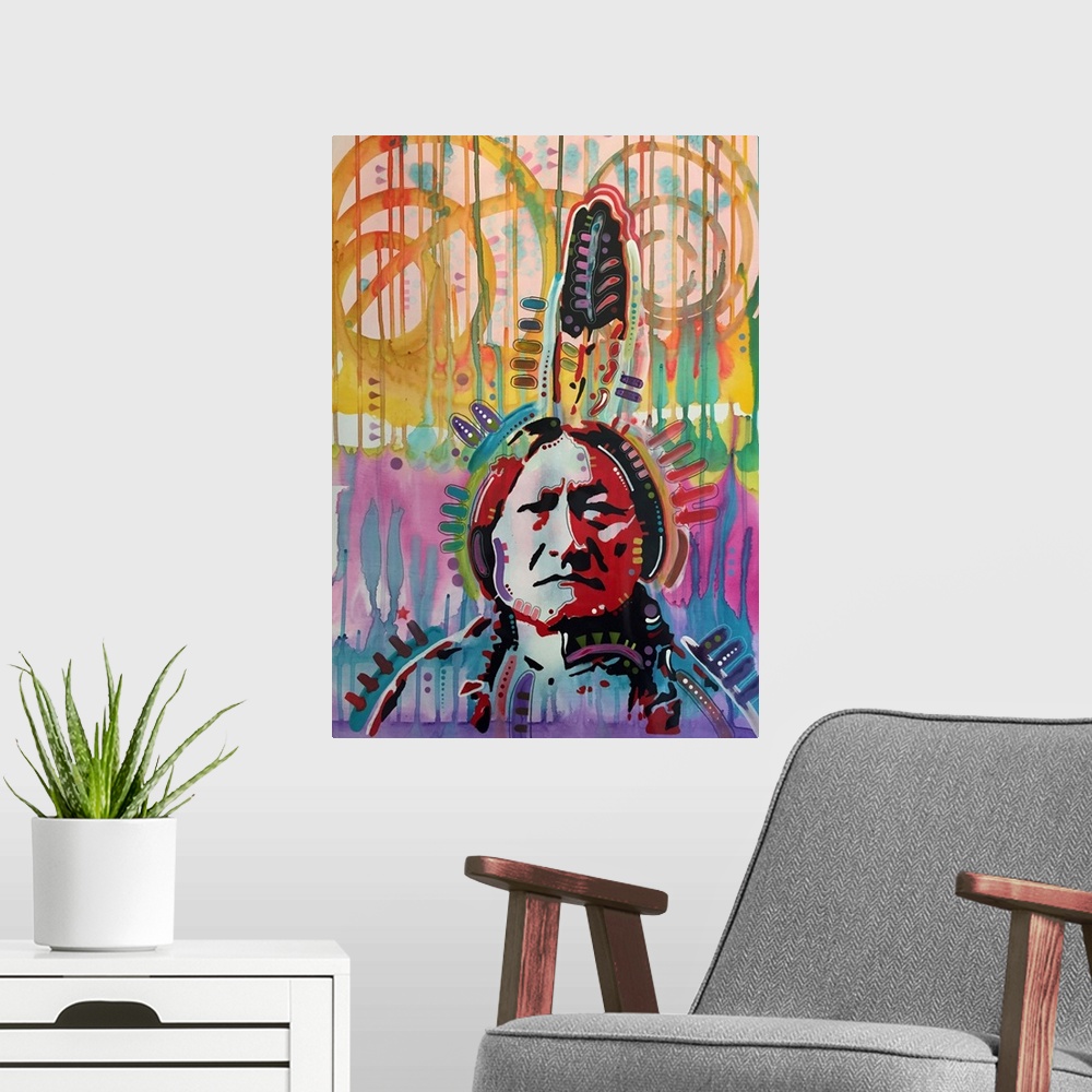 A modern room featuring Colorful illustration of an Indian with one tall feather on his head.
