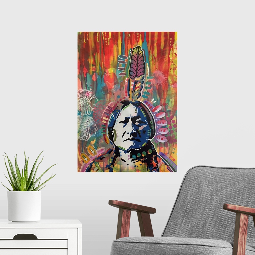 A modern room featuring Colorful illustration of an Indian with one tall feather on his head.