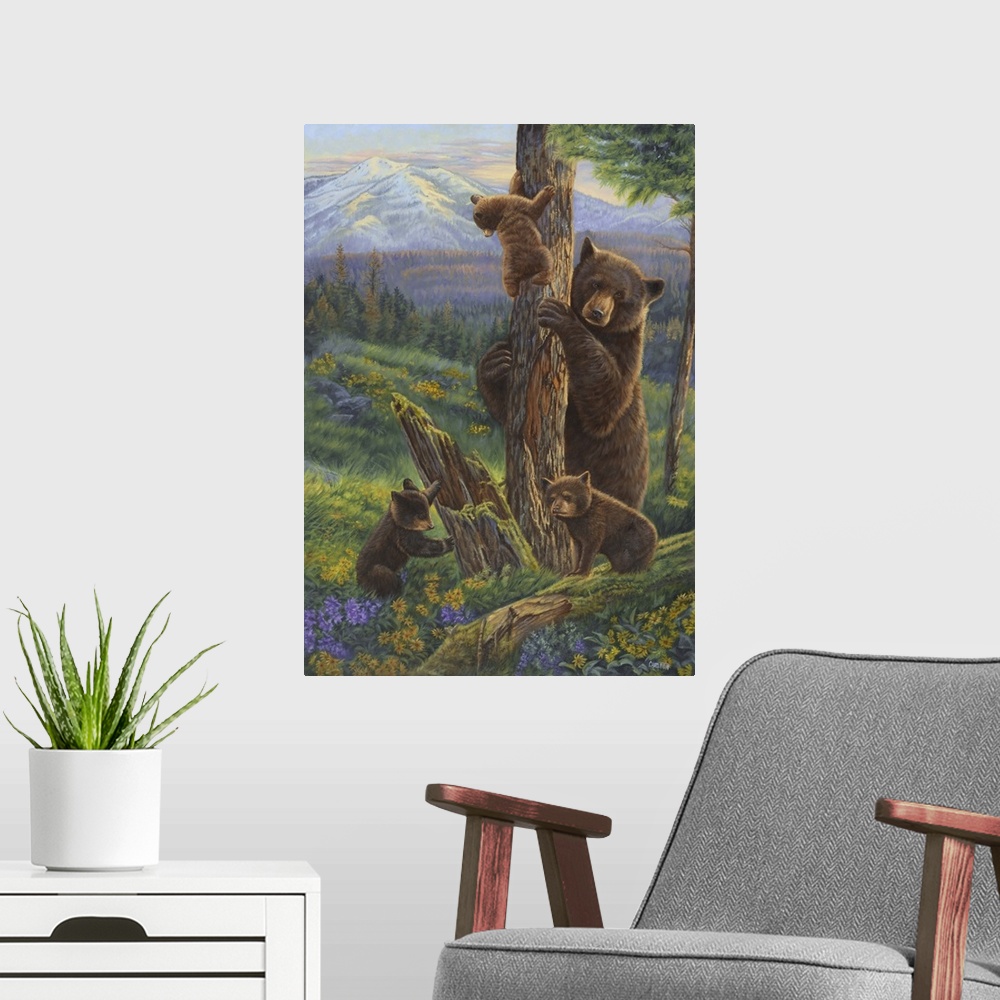 A modern room featuring Bears climbing on a tree