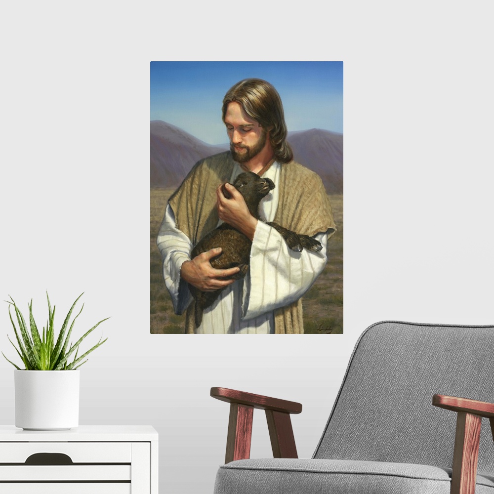 A modern room featuring Jesus holding a small black lamb.