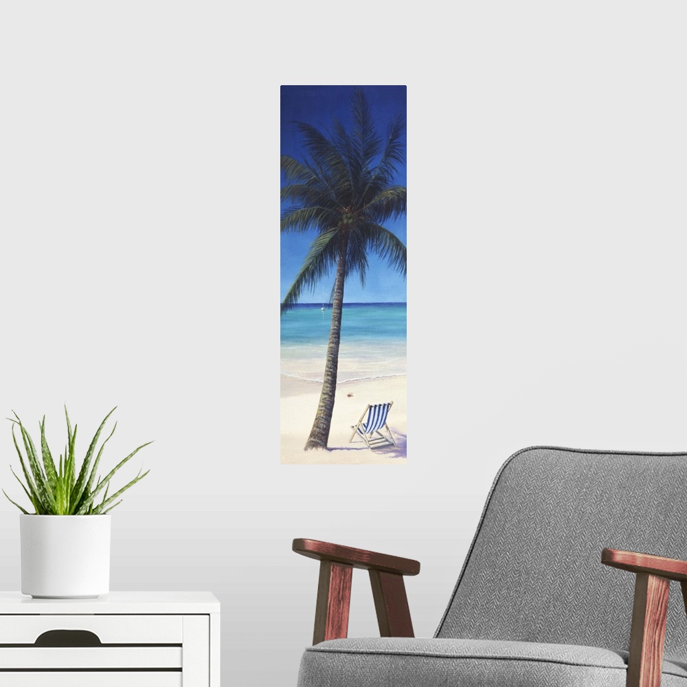 A modern room featuring Contemporary artwork of a chair sitting next to a palm tree on a tropical beach.