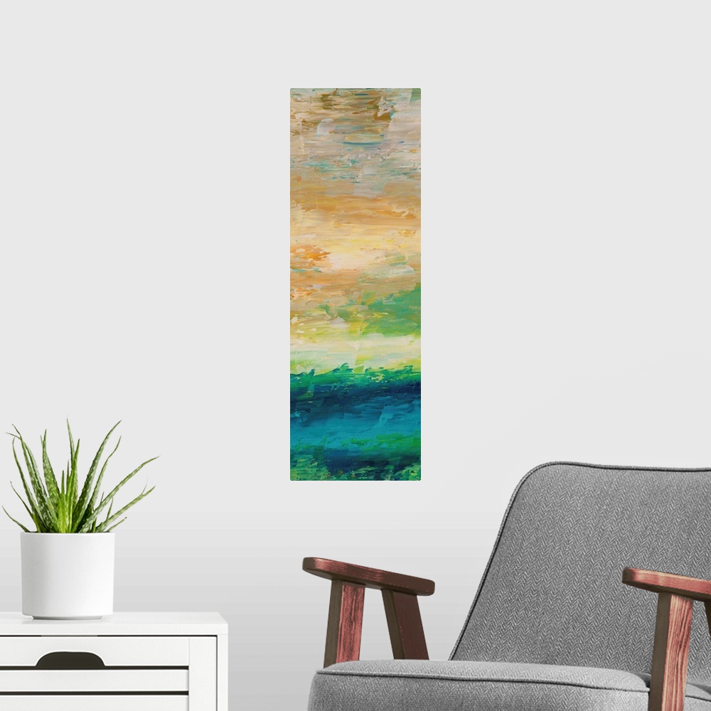 A modern room featuring Vertical abstract painting reminiscent of the sky in the morning.