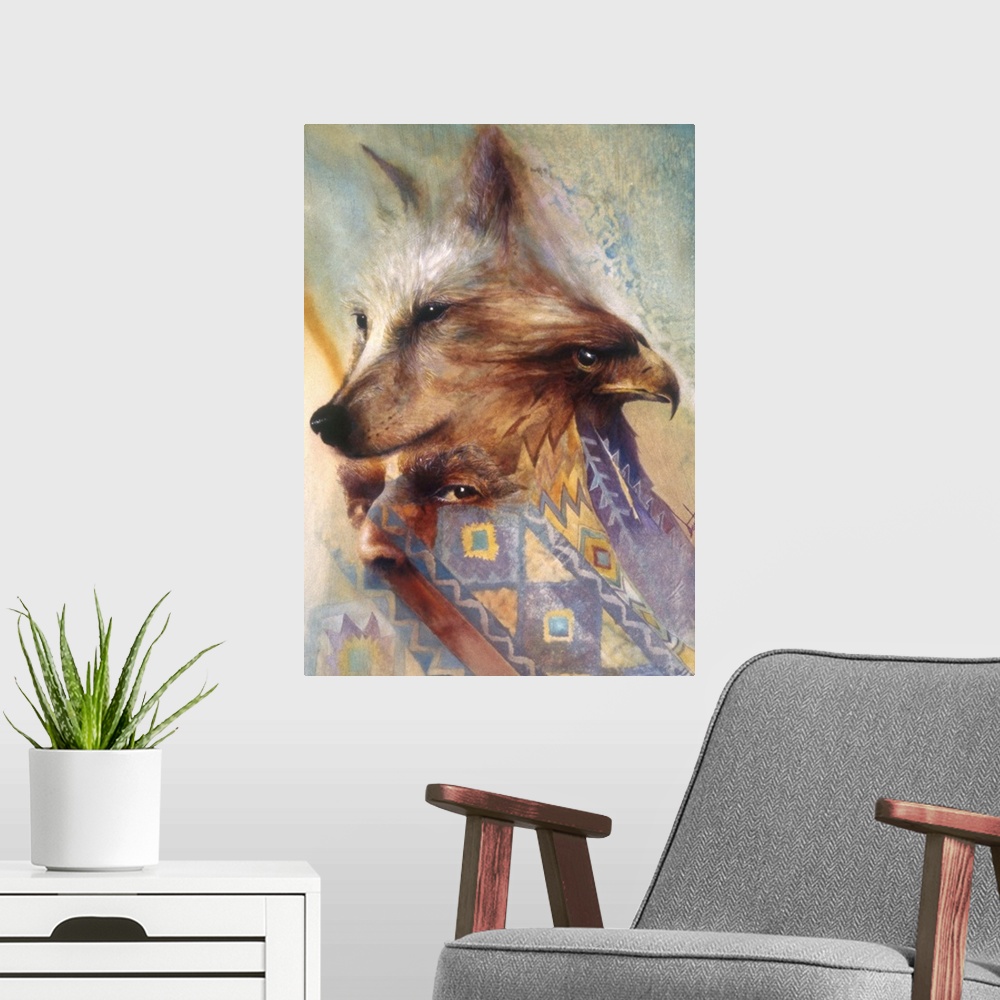 A modern room featuring A contemporary painting of a mans eyes surrounded by a wolf and eagle's head at the top and Nativ...