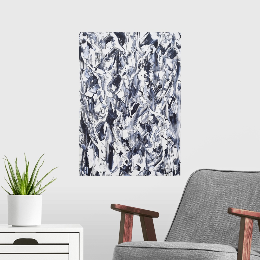 A modern room featuring Painting on paper of the myriad of textures that dramatize nature.