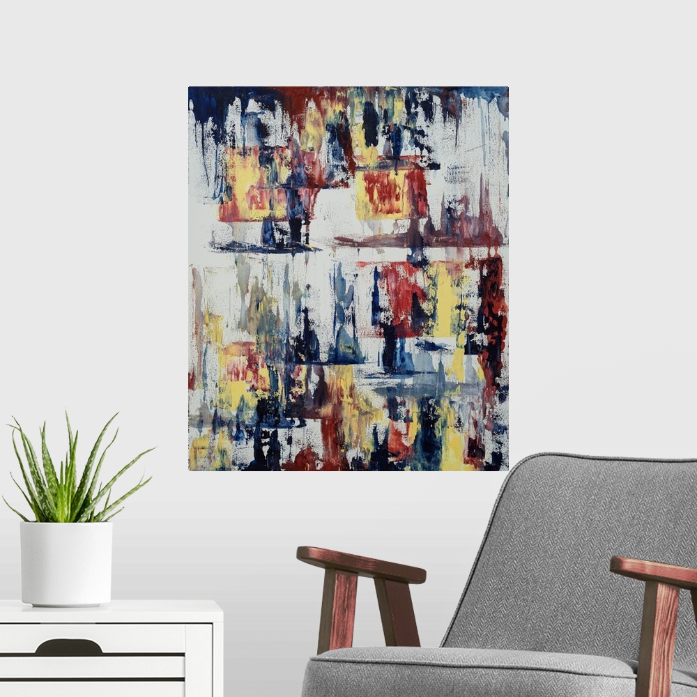A modern room featuring Painting on paper of abstract form and structure given strength through bold use of color.