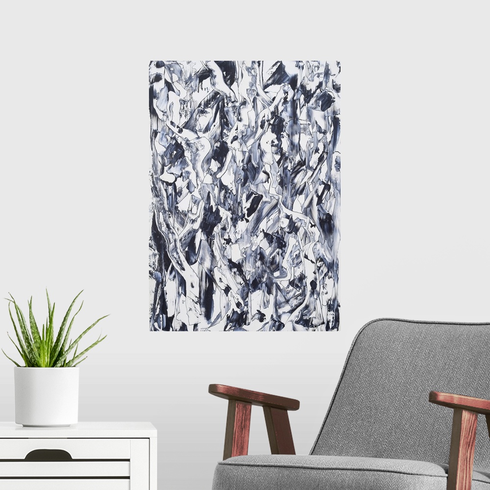 A modern room featuring Painting on paper of clinging vines celebrating the beauty of contrast.