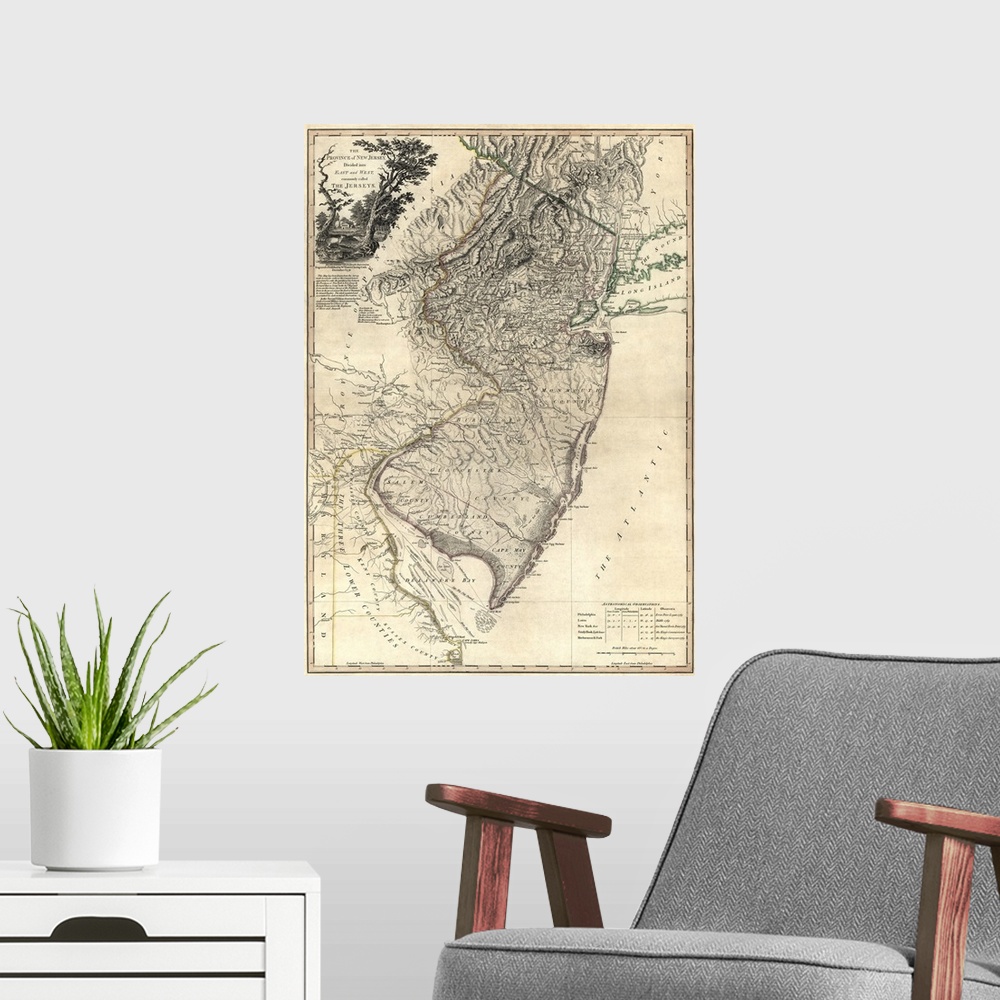 A modern room featuring Vertical, large antique, detailed map of New Jersey, divided into East and West.