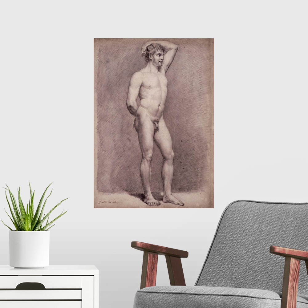A modern room featuring FIT167660 Academy Study of the Male Nude, 1764 (black chalk on paper) by David, Jacques Louis (17...