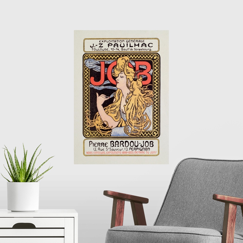A modern room featuring Advertising poster for cigarette paper Job created by Alphonse Mucha (1860-1939) 1900.