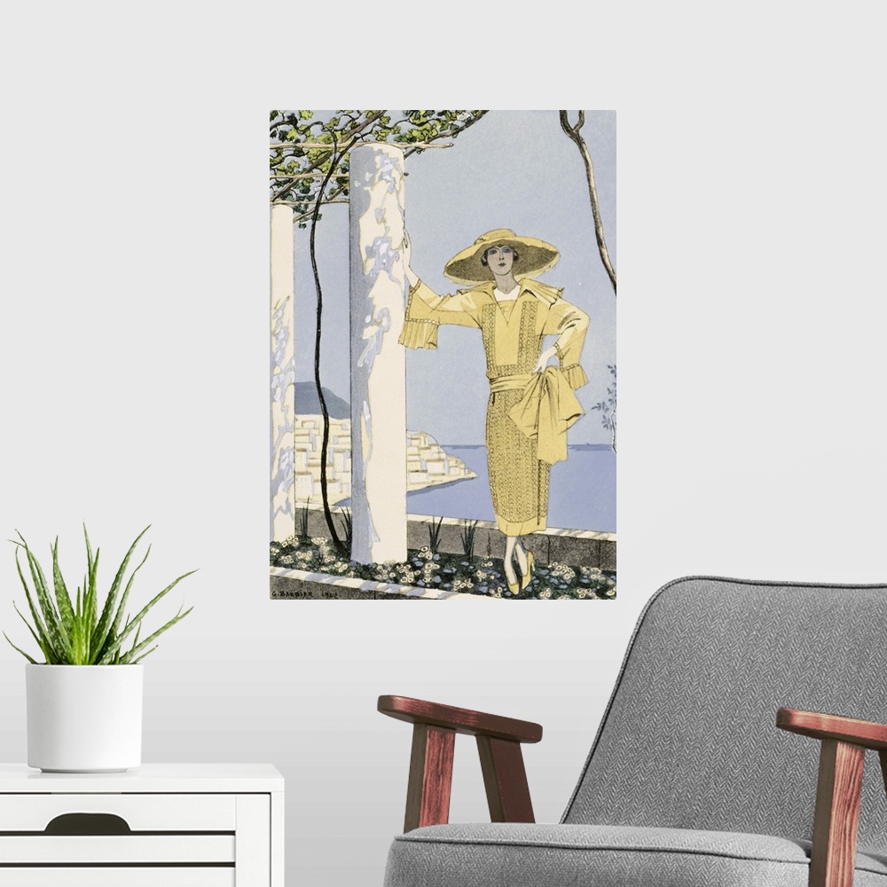 A modern room featuring STC227544 Amalfi, illustration of a woman in a yellow dress by Worth, 1922 (pochoir print) by Bar...