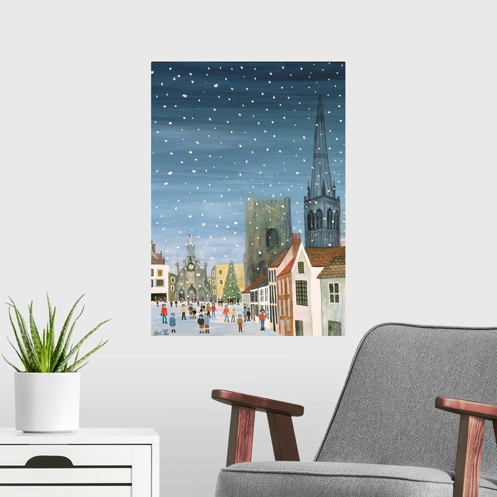 A modern room featuring Contemporary painting of people outside a cathedral in winter.